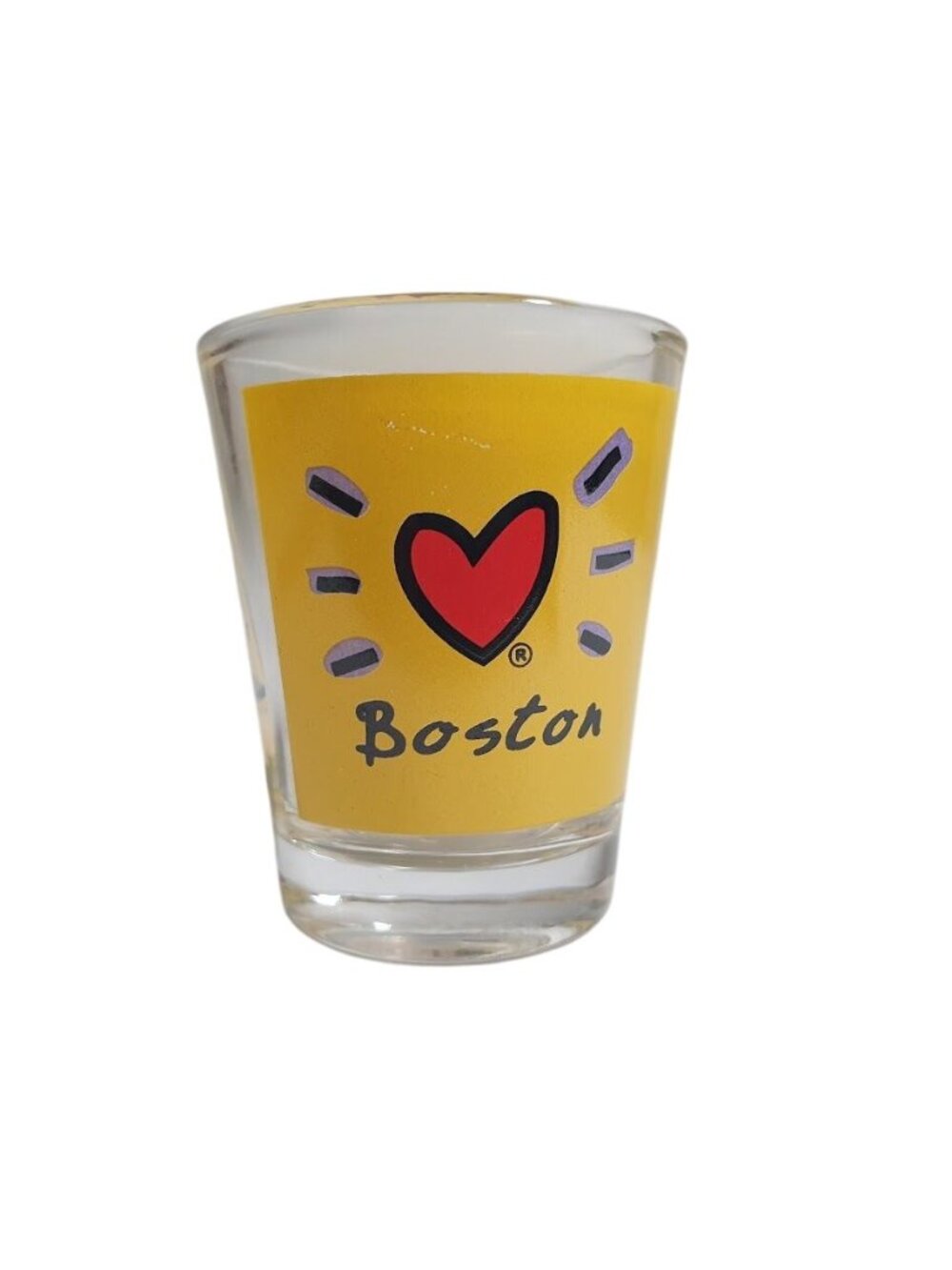 Boston Souvenir Glass Shot Cup Yellow Red Heart City Icons Artwork Collectible